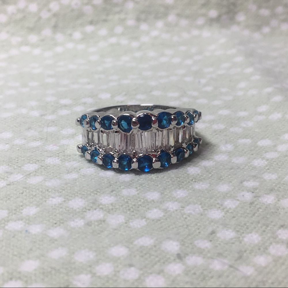 Sterling silver ring with blue and white stones
